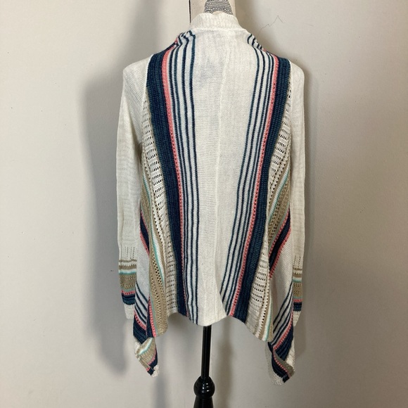 Women’s Cream Teal Pink Blue Stripes Knit Open Cardigan Knit LS Sweater - Picture 4 of 7